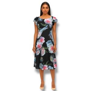 Adrianna Papell Black Floral Flutter Sleeves Midi Dress – Size 8